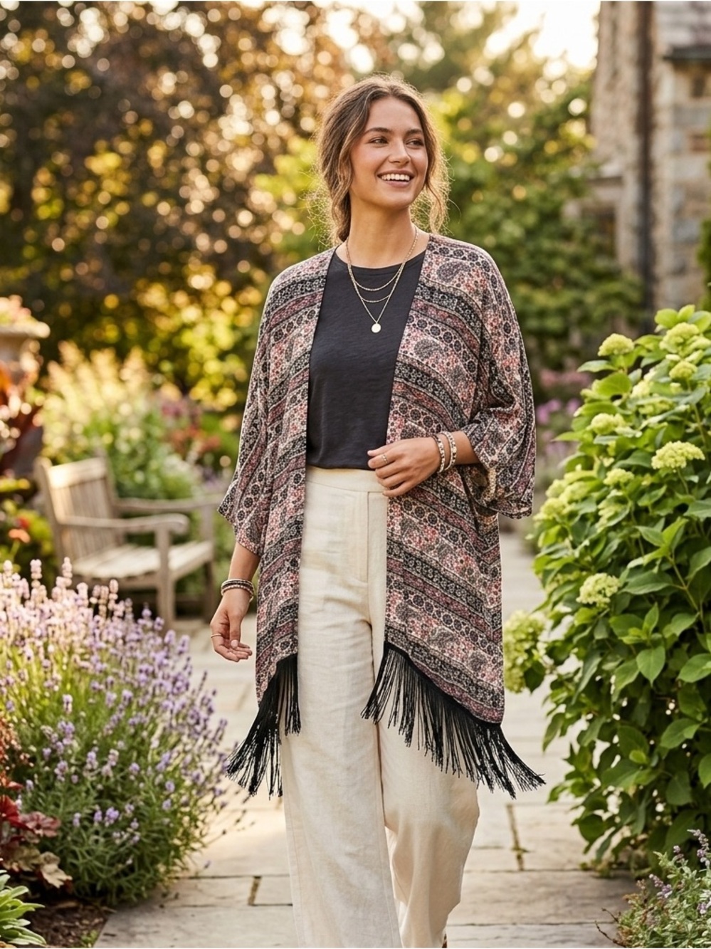 Maeve Anthropologie Boho Kimono Tassel Fringe Cardigan Paisley M